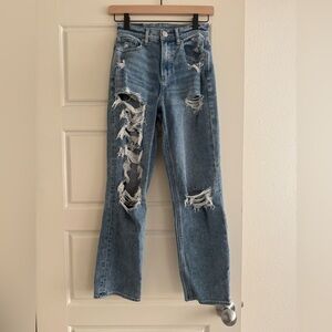 American Eagle Size Zero Distressed Light Wash Highest Rise 90s Boyfriend Jeans